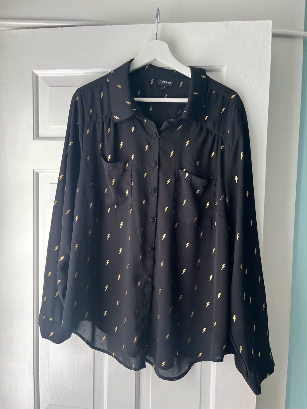 Torrid Black Long Sleeve Blouse with Gold Lightning Bolt Metallic Print
